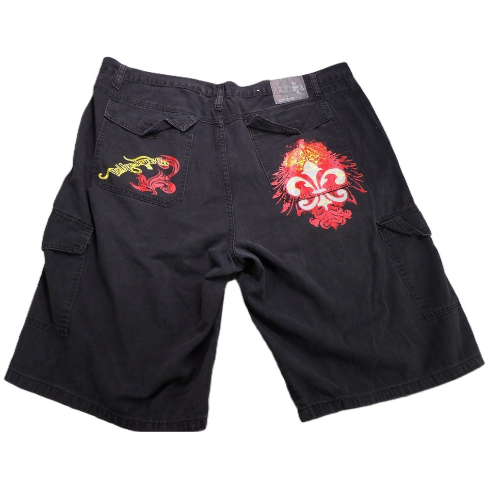 Red Ape Fleur De Lis Y2K Baggy Skater Hip Hop Cotton Men Black Cargo Shorts W46
